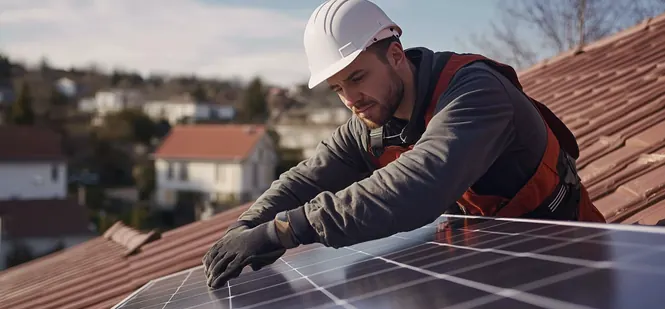 Compteur Linky et factures d'électricité devant une maison équipée de panneaux solaires